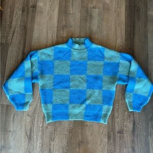 STINE GOYA Blue and Green Plaid Turtleneck Sweater